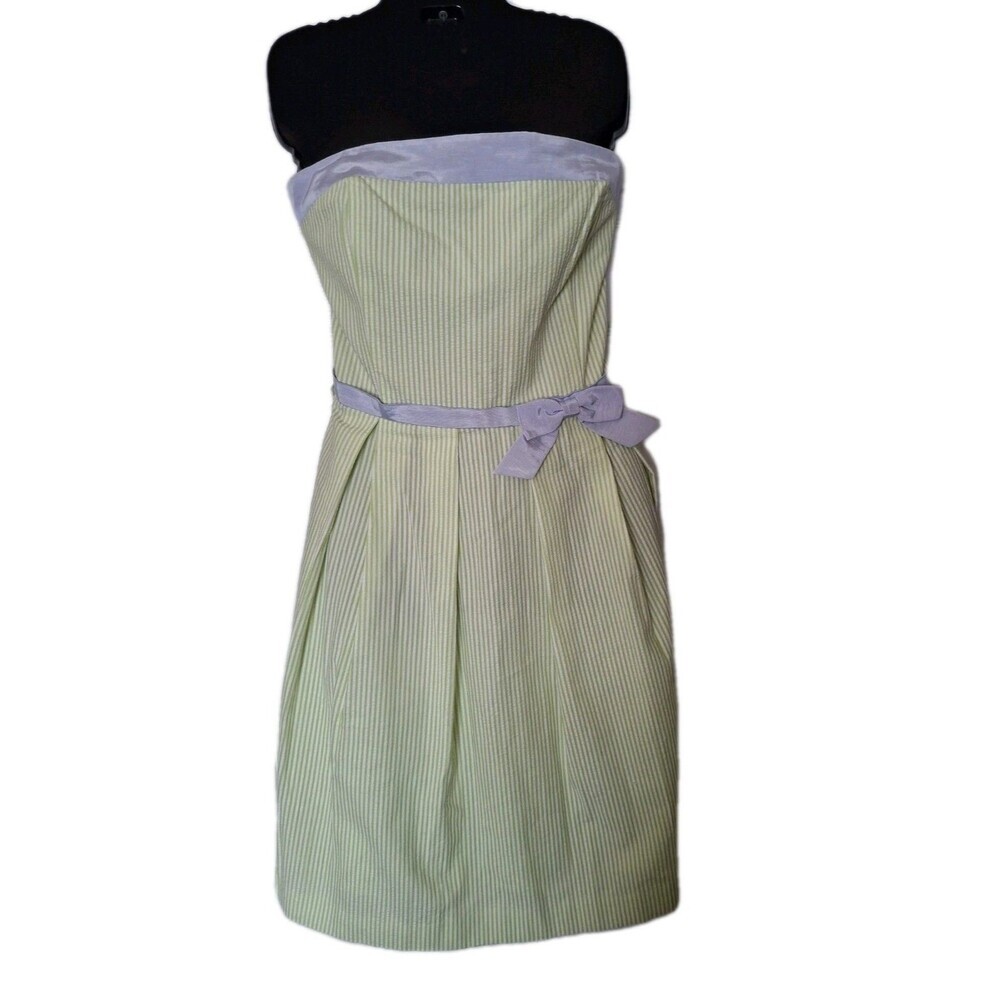 Talbots Striped Seersucker Strapless Sundress Size 8 Green White Striped Bow